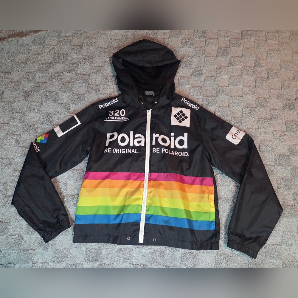 Polaroid Black Windbreaker Jacket with Rainbow Stripes